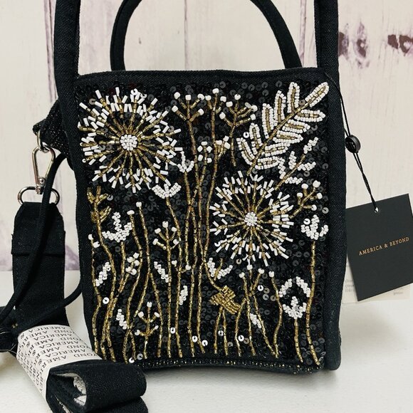 America & Beyond Hand Crafted Beaded Colorful Boho Purse Tote Black - Picture 2 of 4